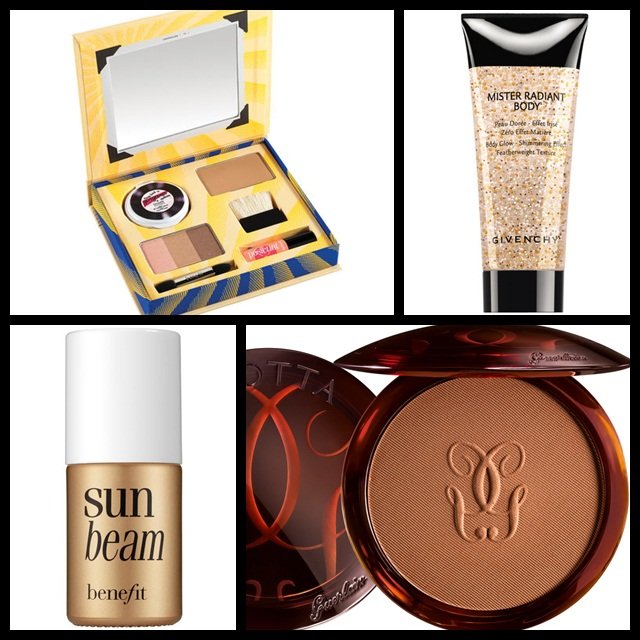 De izq. a dcha. y de arriba abajo: cofre de belleza soleada Cabana Glama, con todo lo que necesitas para un look bonceado, de Benefit (37€); gel bronceador Mister Radiant, para todo el cuerpo, de Givenchy (30,50€); toque de sol en un bote, Sun Beam de Benefit (24€); polvos Terracota, de Guerlain (40,60€).