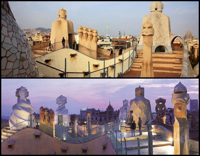 La azotea del edificio de Gaudí de día y de noche