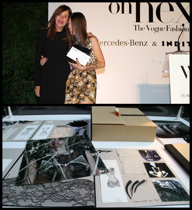 Arriba, la diseñadora revelación recogiendo su premio junto a al directora de Vogue, Yolanda Sacristán. Abajo, el portfolio de Marcela.