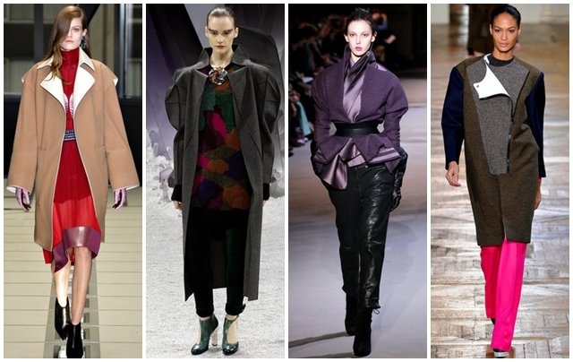 Propuestas oversize sobre la pasarela otoño-invierno 2012/13. De izq. a dcha.: Balenciaga, Chanel, Haider Ackermann y Stella McCartney.