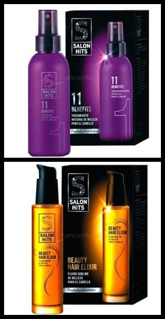 Productos Salon Hits: arriba, 11 Benefits; abajo, Beauty Hair Elixir