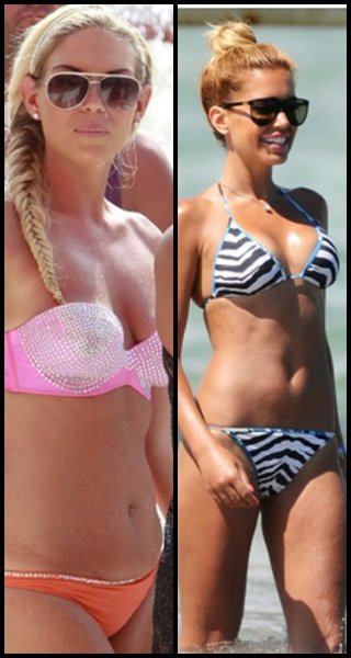 Frankie Essez combina top rosa y braguita naranja, derecha Sylvie Van Der Vaart con un bikini en print de cebra.