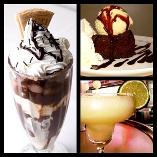 A la izquierda, Tommy Mel's Brownie Sundae; a la derecha, arriba, brownie con helado de vainilla y nata; abajo, caipirinha.