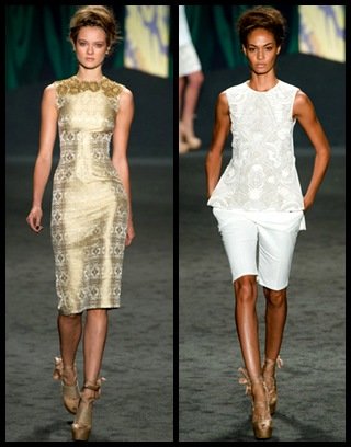 Nuestros favoritos: a la izquierda, el vestido dorado con estampado étnico; a la derecha, el total look white.