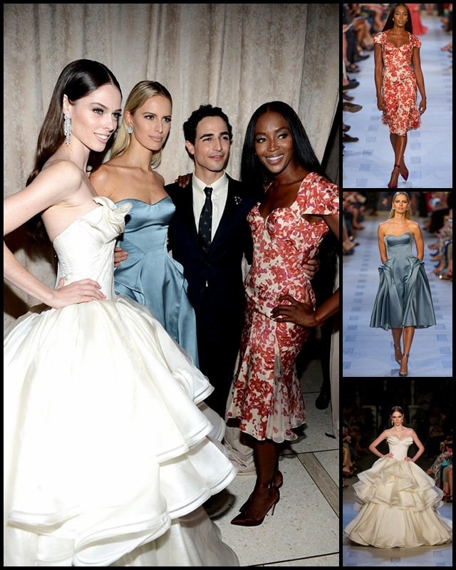 Zac Posen con Coco Rocha, Karolina Kurkova y Naomi Campbell. A la derecha, los looks de cada una de ellas en la pasarela.