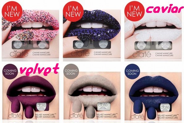 Arriba, kits de caviar manicure en diferentes tonos. Abajo, de velvet manicure.