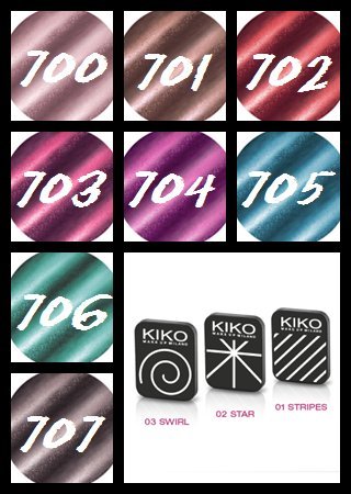 Colores de la gama de esmaltes magnéticos de Kiko Cosmetics. Abajo, los diferentes imanes disponibles