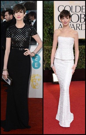 A la izquierda: Anne Hathaway en los BATFA 2013 vestida de Burberry. A la derecha: la actriz en los Globos de Oro 2013 vestida de Chanel.