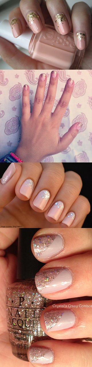 Manicuras nude&glitter de See Sue Stitch, Moda Punta, Nailed It y Crystal's Crazy Combos 