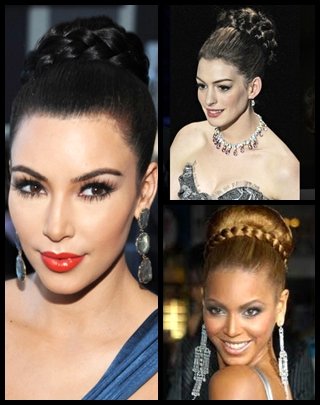 Celebs luciendo el moño en su versión XL y con trenza normal, de tres mechones. A la izquierda, Kim Kardashian. Arriba, Anne Hathaway. Abajo, Beyoncé.