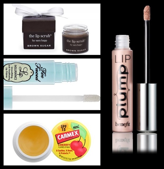 Productos que aparecen en el artículo. Exfoliante de labios de Sara Happ, Lip Insurance de Too Faced, bálsamo labial de cereza Carmex y Lip Plump de Benefit.